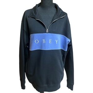 Obey Black Blue Colorblock Half Zip Hoodie Size Large